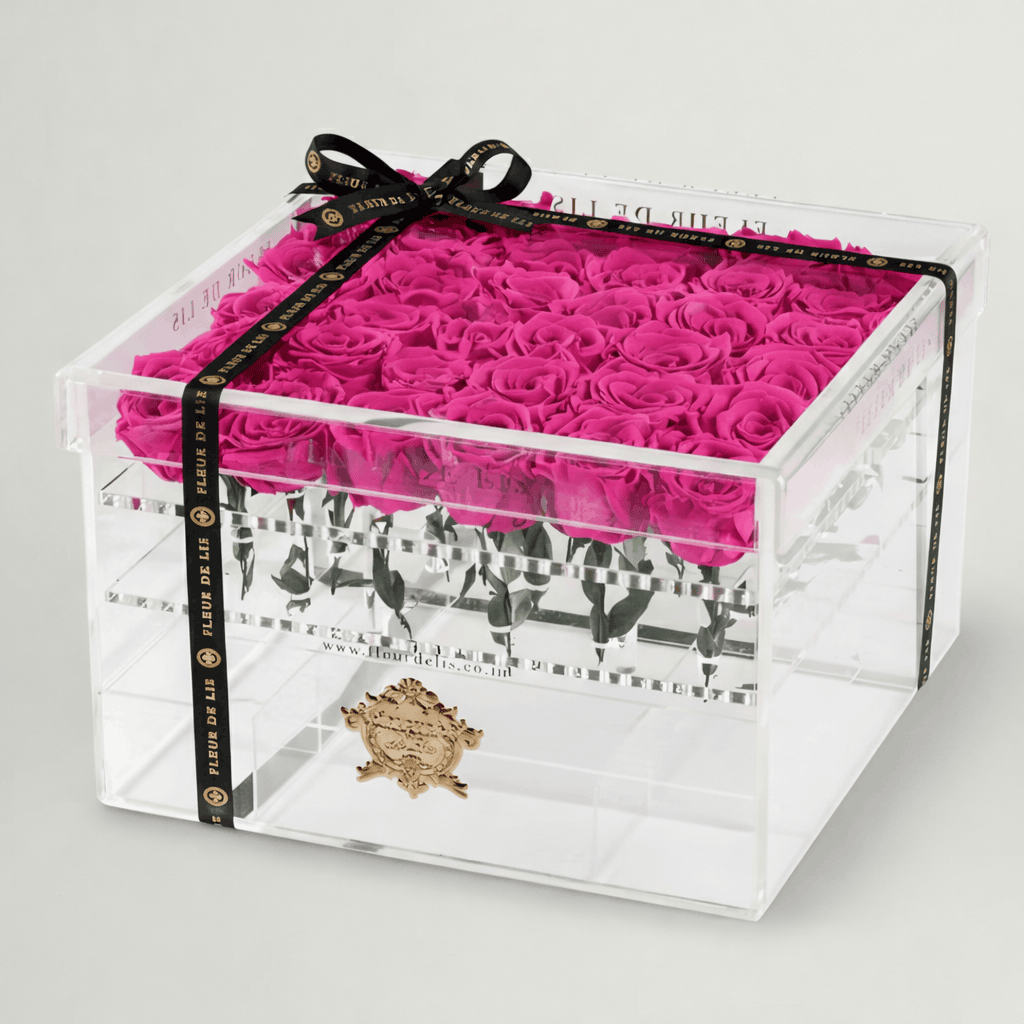 Acrylic Box of Pink Roses Fleur de Lis