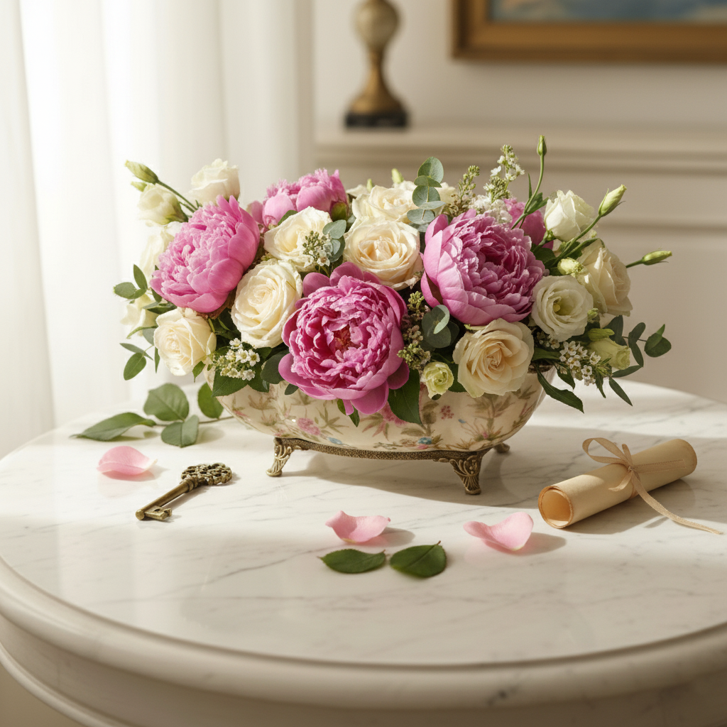 Decorative ceramic floral bowl styled as a floral centerpiece with fresh blooms, perfect for luxury tablescapes and refined home décor.