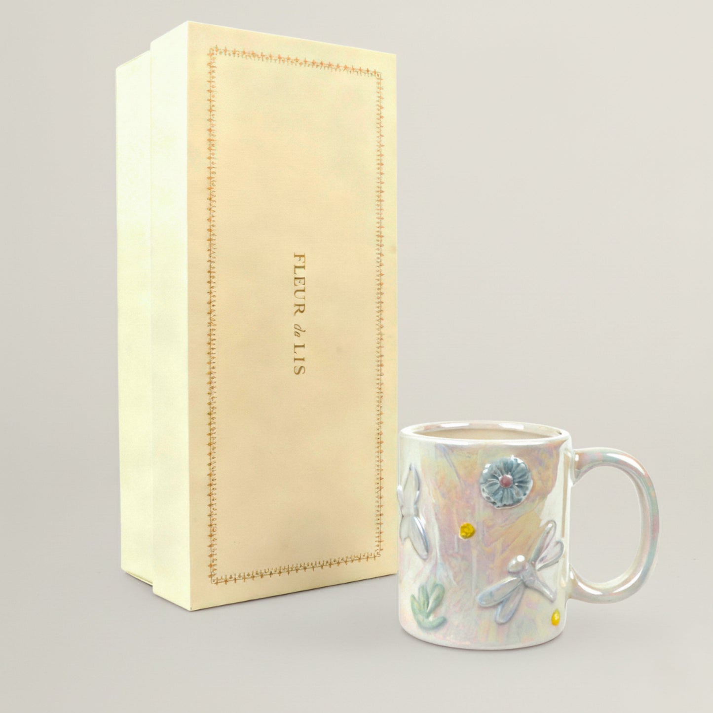 Dragonfly Kids Mug set of 2 in pastel iridescent ceramic finish – decorative kids drinkware with raised dragonfly details, perfect birthday gift