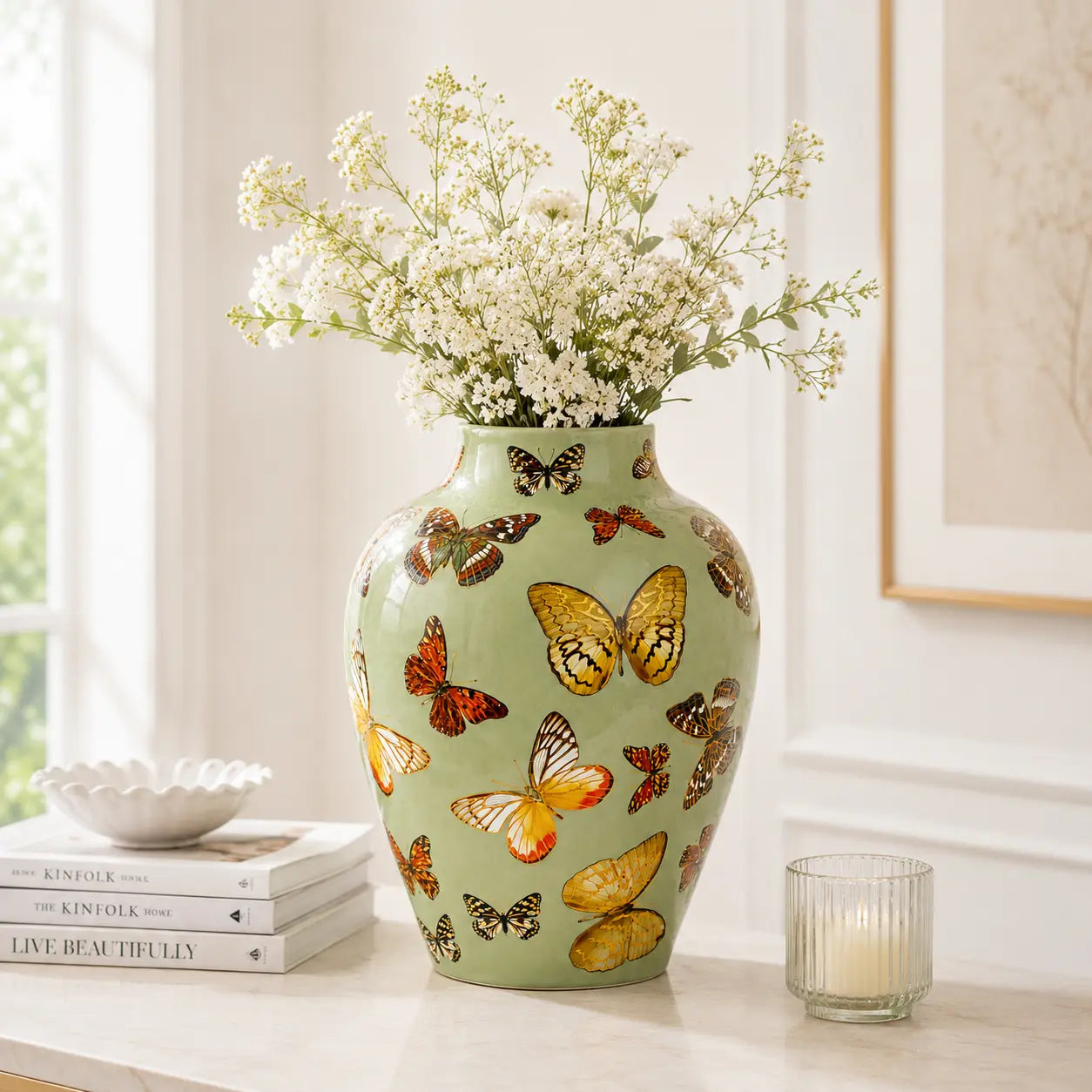 Fleur de Lis butterfly ceramic vase styled with white flowers in a luxury interior.