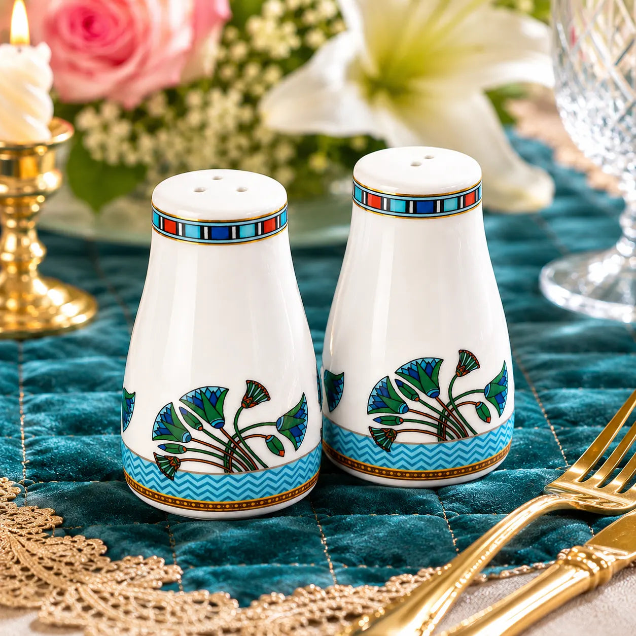 Premium porcelain salt and pepper shakers with a turquoise chevron base and elegant green floral motifs.