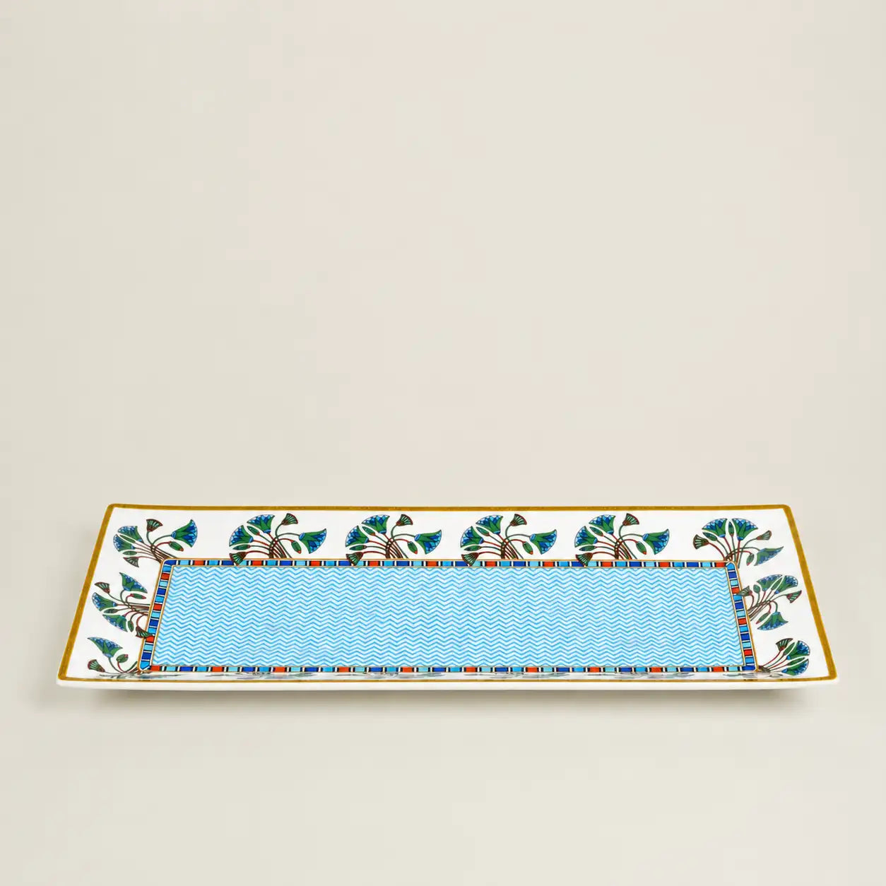 Luxury Mediterranean porcelain rectangular tray with blue botanical motifs.