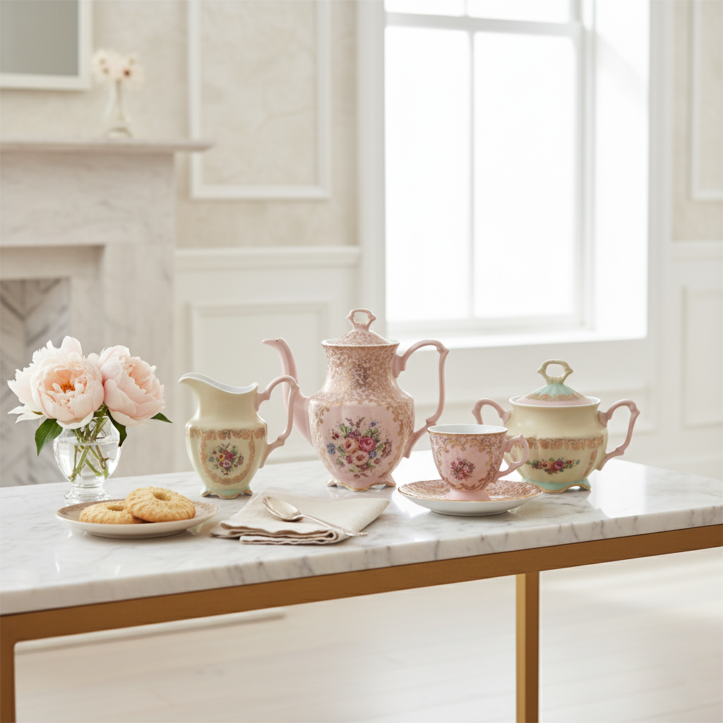 Pastel floral ceramic tea set styled with soft lighting and biscuits, evoking a refined and graceful tea moment.