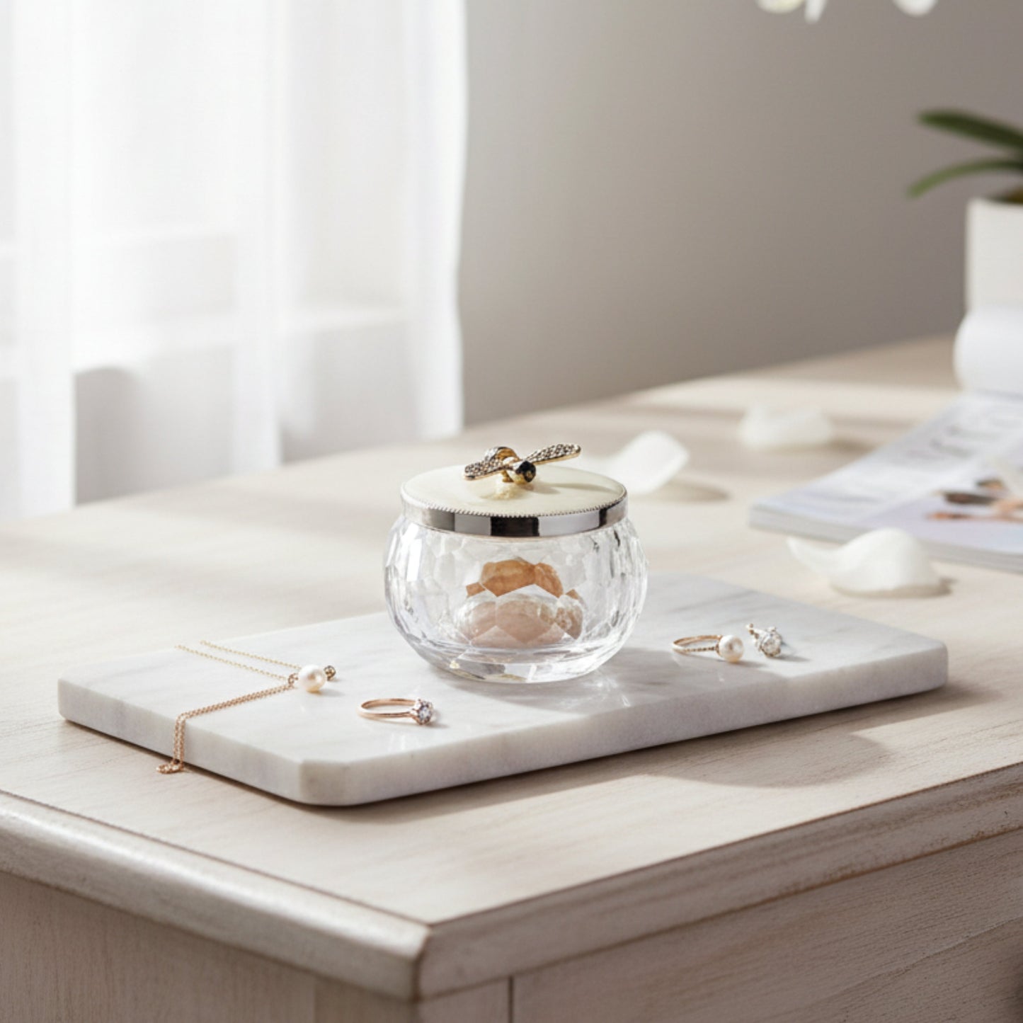 Luxury crystal trinket jar with sparkling bee lid, small glass jewelry organizer for rings, earrings, charms and keepsake storage