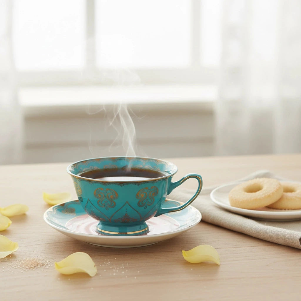 Teal ceramic coffee cup featuring elegant gold motifs, served hot with biscuits in a sophisticated lifestyle arrangement.