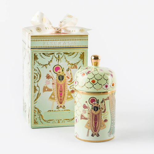Divine Ceramic Candle – Shreenathji Green Fleur de Lis