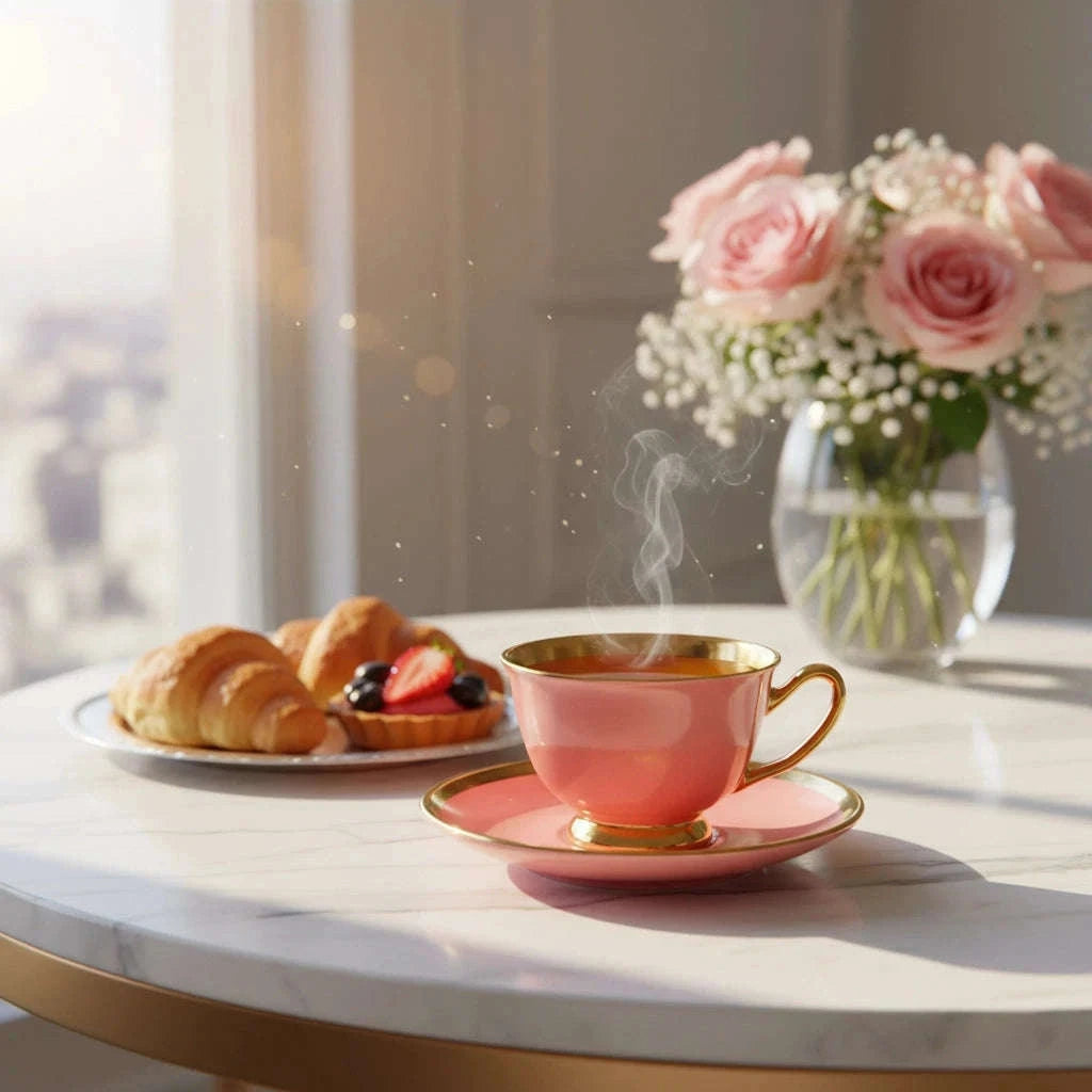 Pink tea cup and saucer styled with pastries and florals