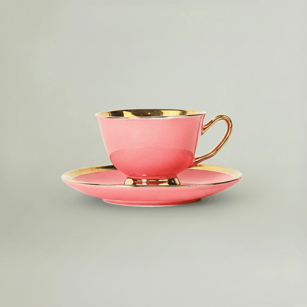 Blush pink porcelain tea cup and saucer with gold accents