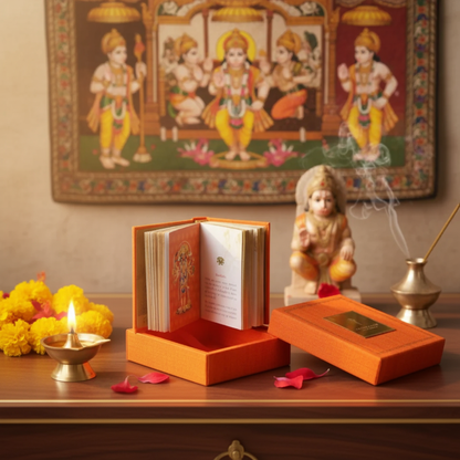 Decorative setup with an open book, statue, and lit lamp on a wooden surface, with a colorful painting of deities in the background.