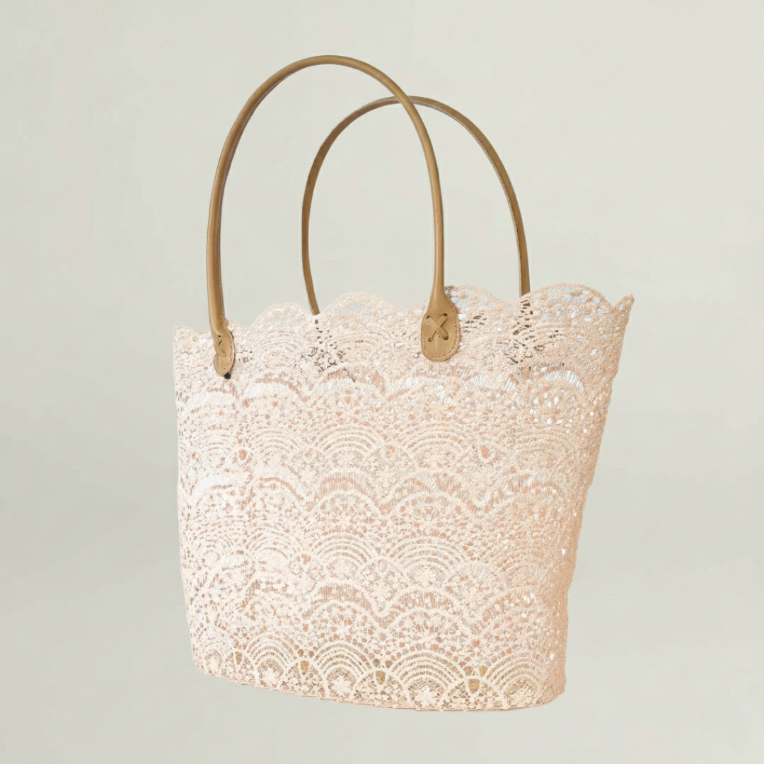 Lace Tote Bag with Leather Handles