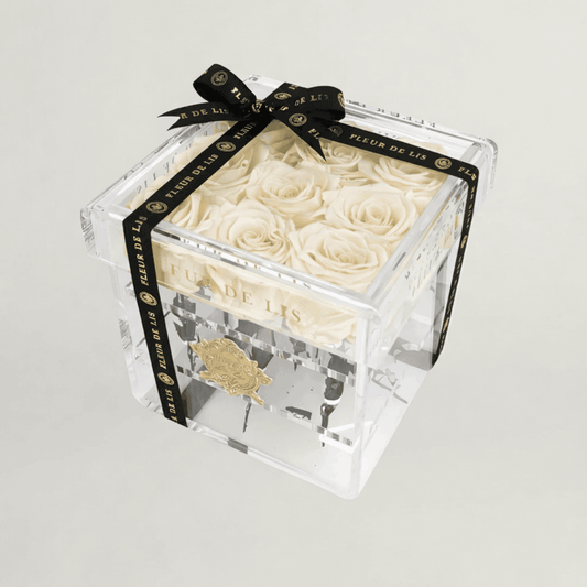 Acrylic Box of Majestic White Roses Fleur de Lis