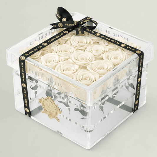 Acrylic Box of Majestic White Roses Fleur de Lis
