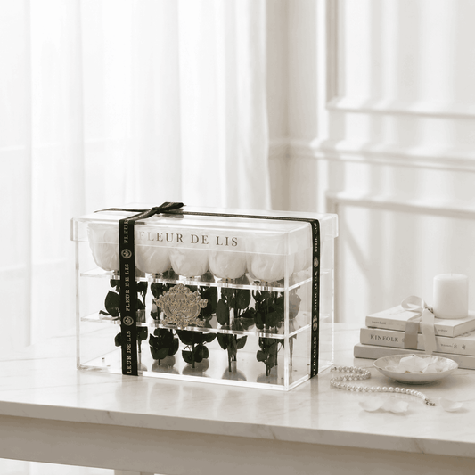 Acrylic Box of Majestic White Roses Fleur de Lis