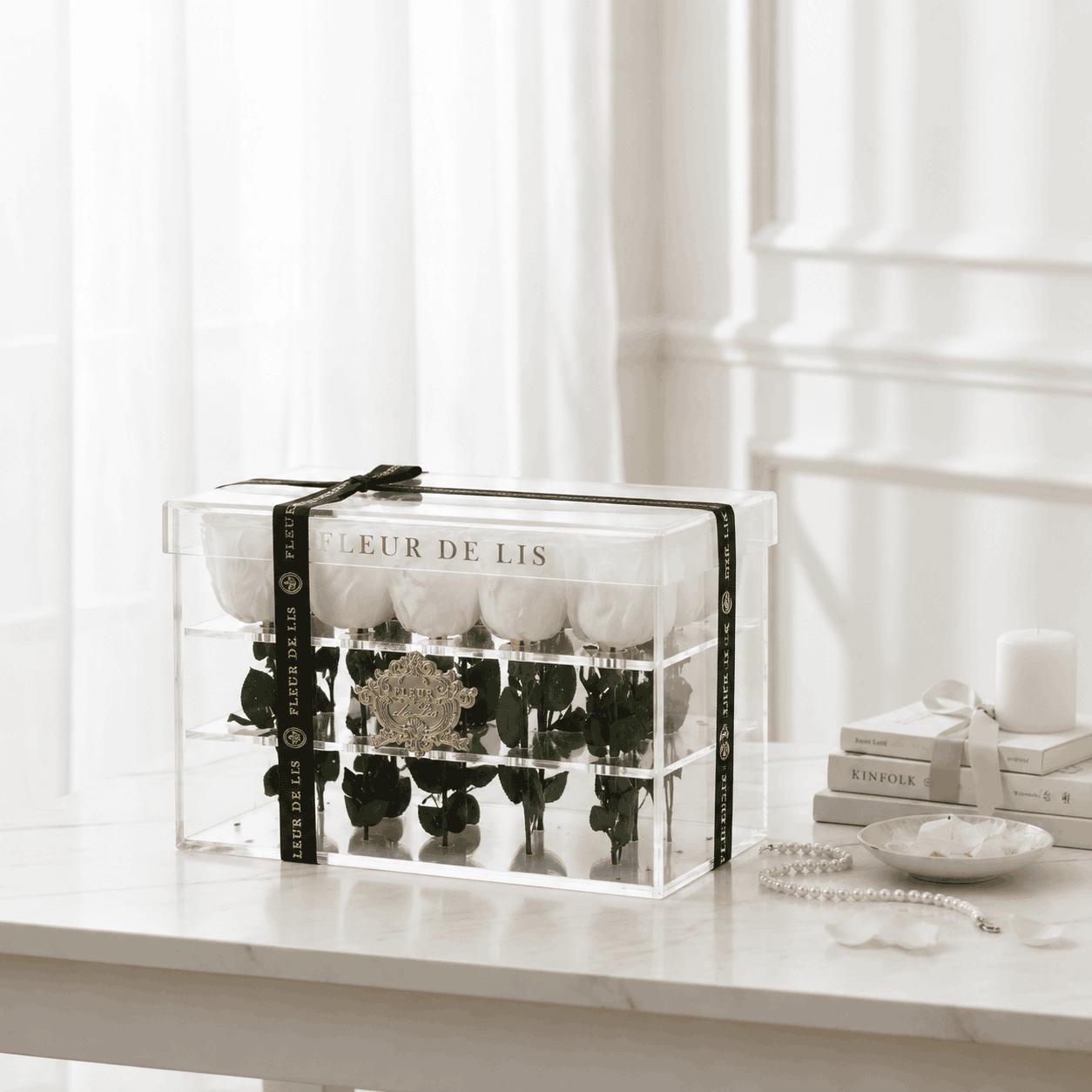 Acrylic Box of Majestic White Roses Fleur de Lis