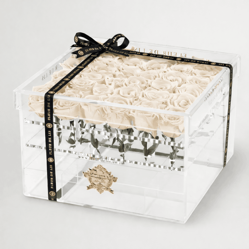Acrylic Box of Majestic White Roses Fleur de Lis