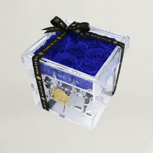 Acrylic Box of Midnight Blue Roses Fleur de Lis