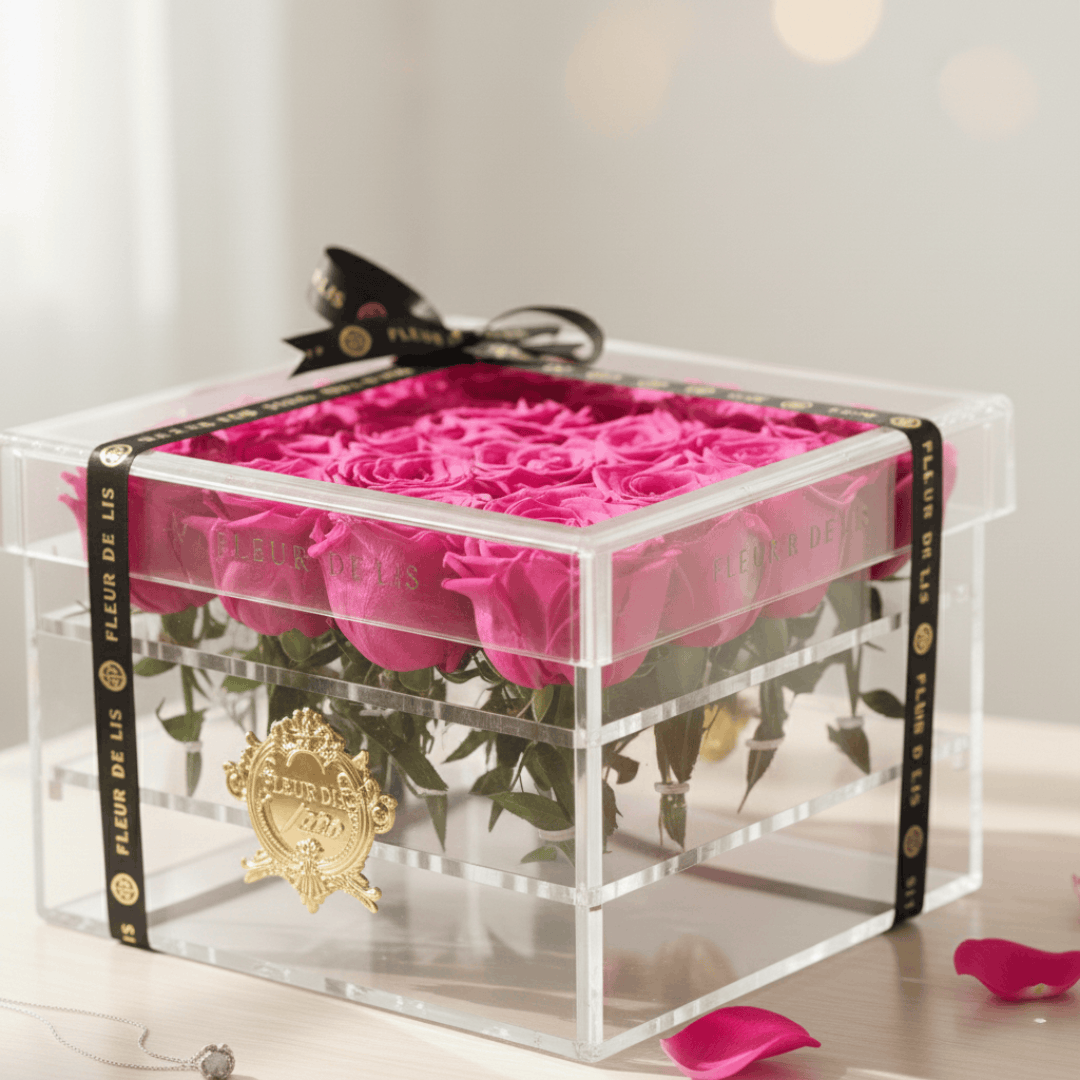 Acrylic Box of Pink Roses Fleur de Lis