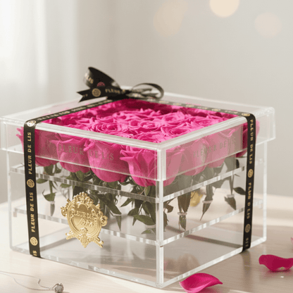 Acrylic Box of Pink Roses Fleur de Lis