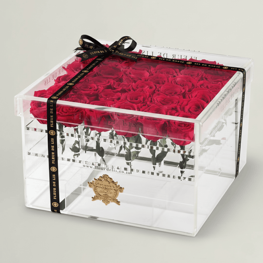 Acrylic Box of Red Roses Fleur de Lis