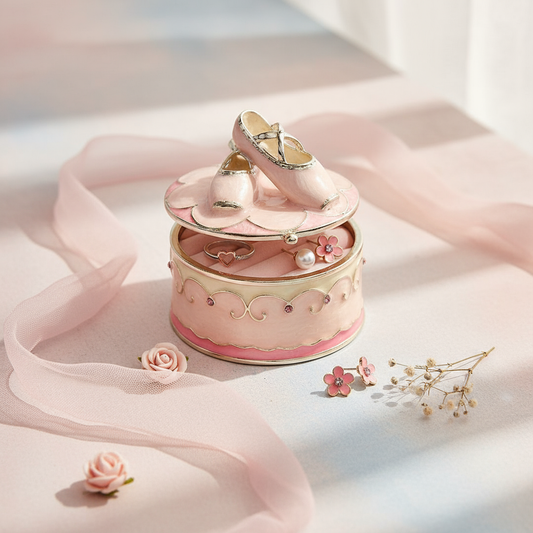 Elegant baby girl keepsake trinket box featuring 3D ballerina slippers and pink crystal accents, perfect for storing first jewellery, baby memories, or nursery décor.