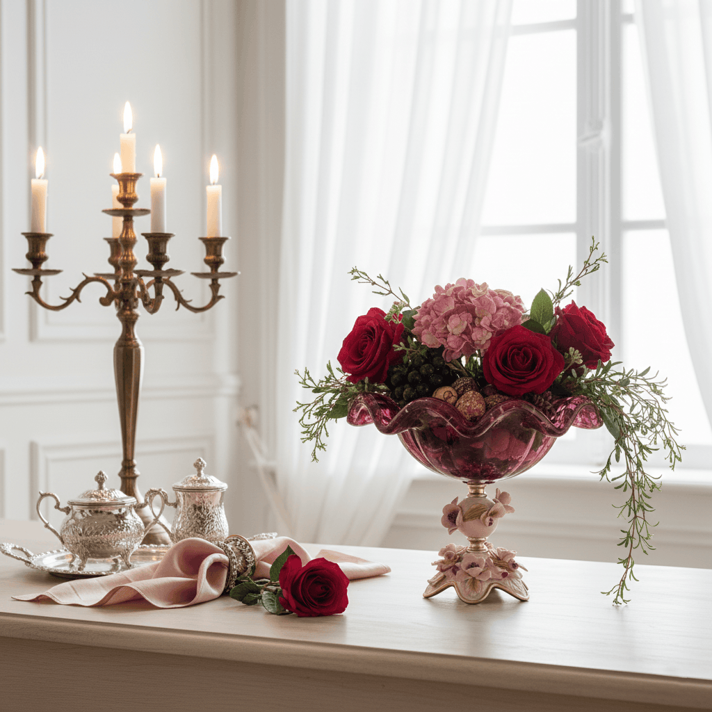Bella Murano glass floral pedestal bowl styled as a luxury decorative centerpiece in an elegant home décor setting