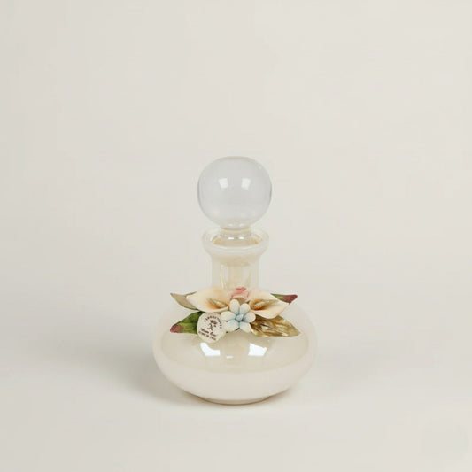 Handcrafted Bianco Murano glass perfume bottle with elegant floral detailing by Fleur De Lis