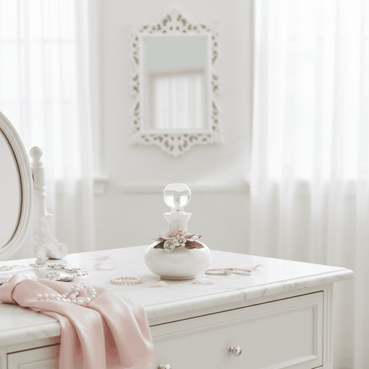 Handcrafted Bianco Murano glass perfume bottle styled as a luxury vanity décor accent by Fleur De Lis