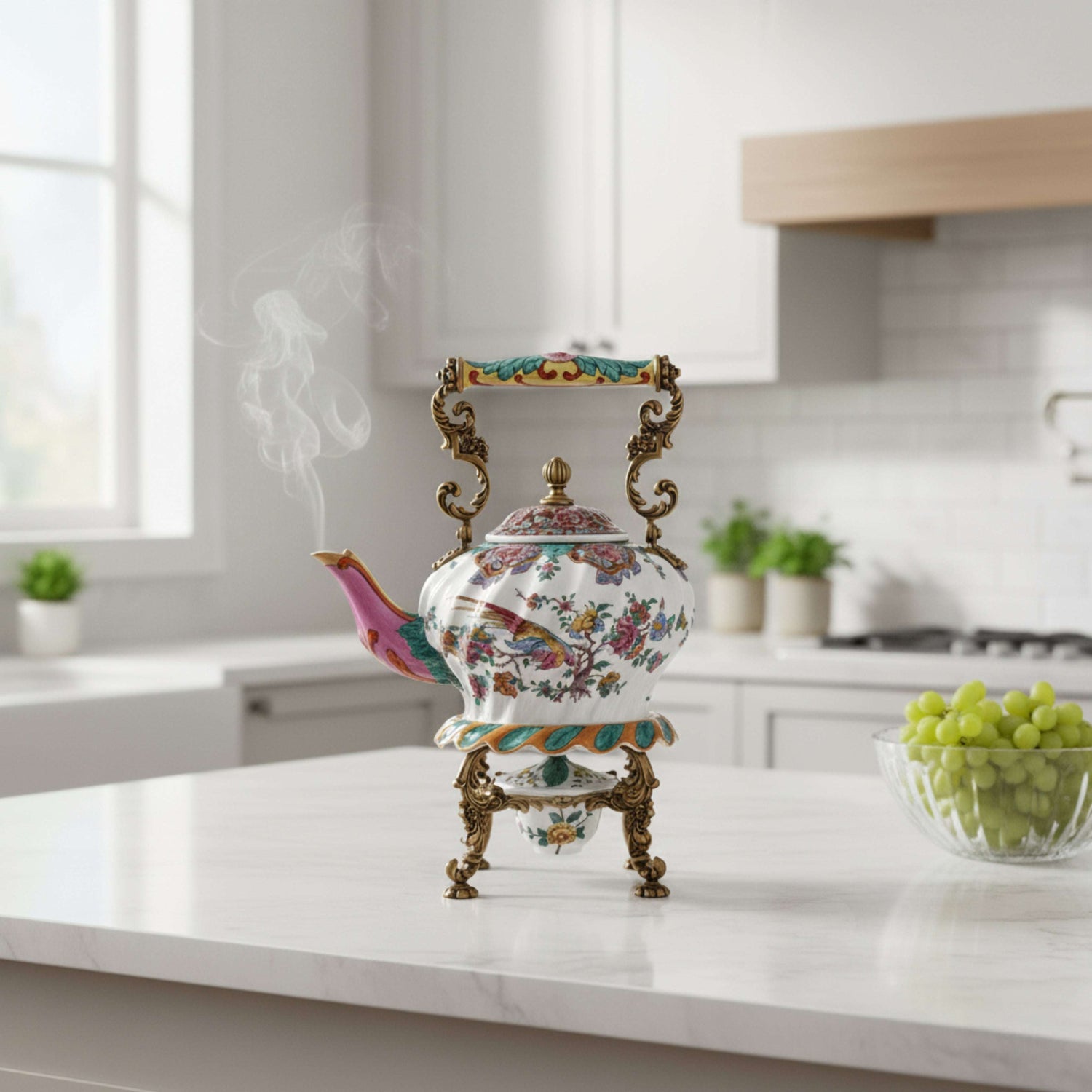 Decorative ceramic teapot with floral detailing and gold stand, styled on a kitchen countertop for refined luxury home décor.