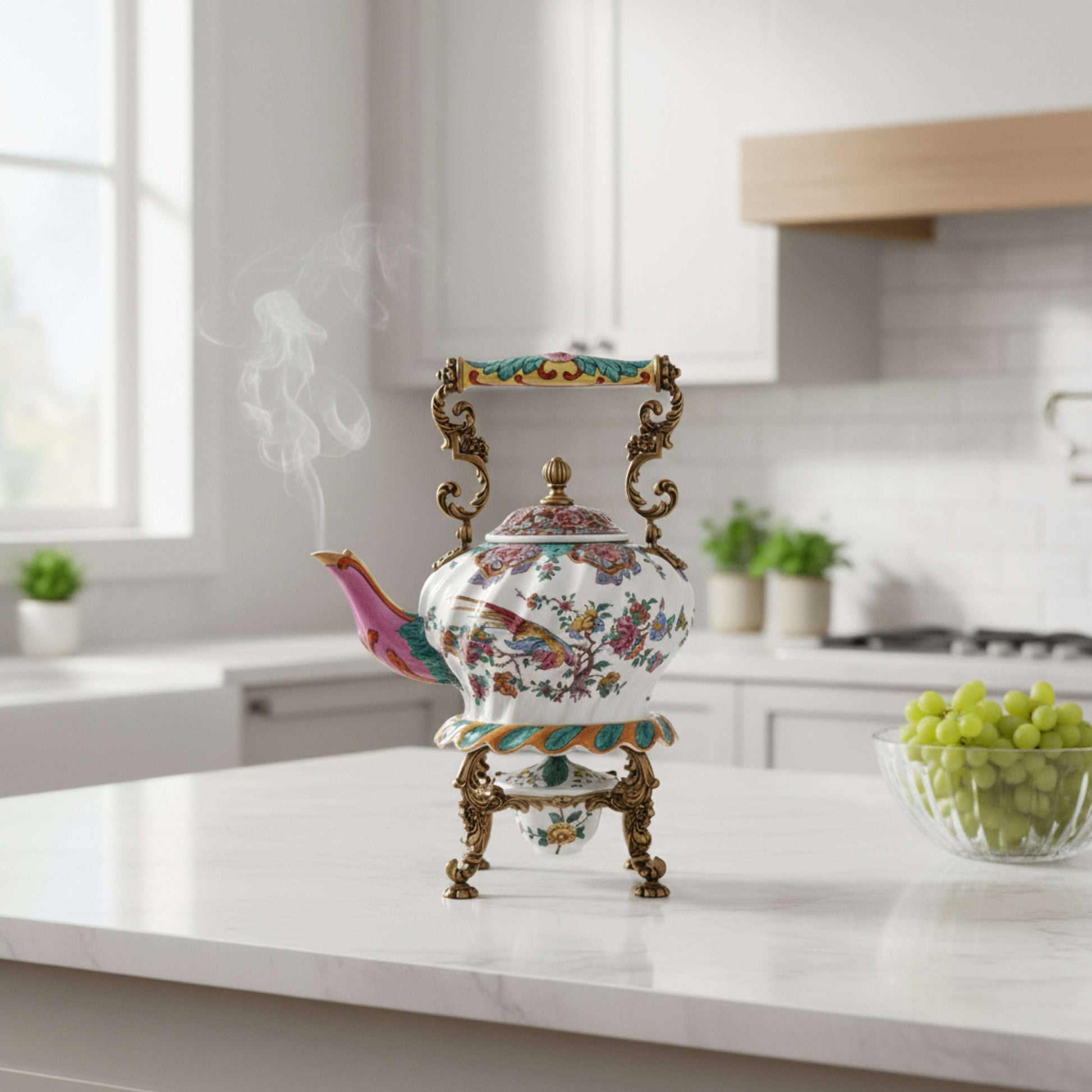 Decorative ceramic teapot with floral detailing and gold stand, styled on a kitchen countertop for refined luxury home décor.
