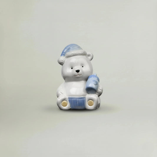 Blue ceramic baby teddy bear figurine with pastel nightcap and baby bottle, glossy nursery decor keepsake gift for newborn baby shower