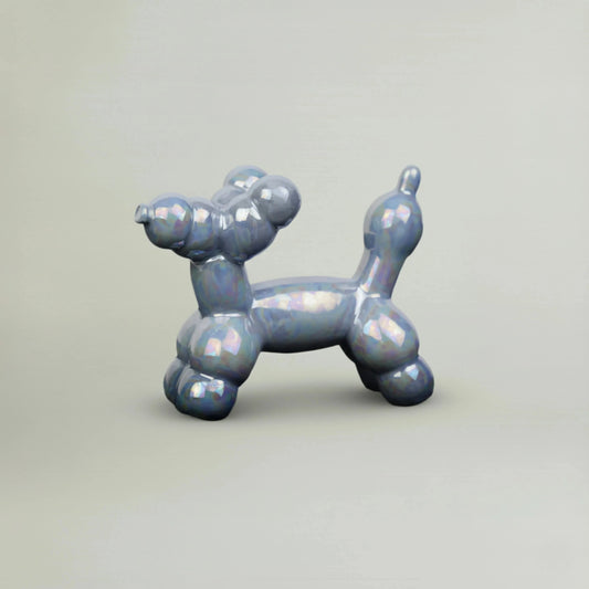 Blue ceramic balloon dog figurine with iridescent glossy finish, modern home decor sculpture for shelves, desks and contemporary interiors