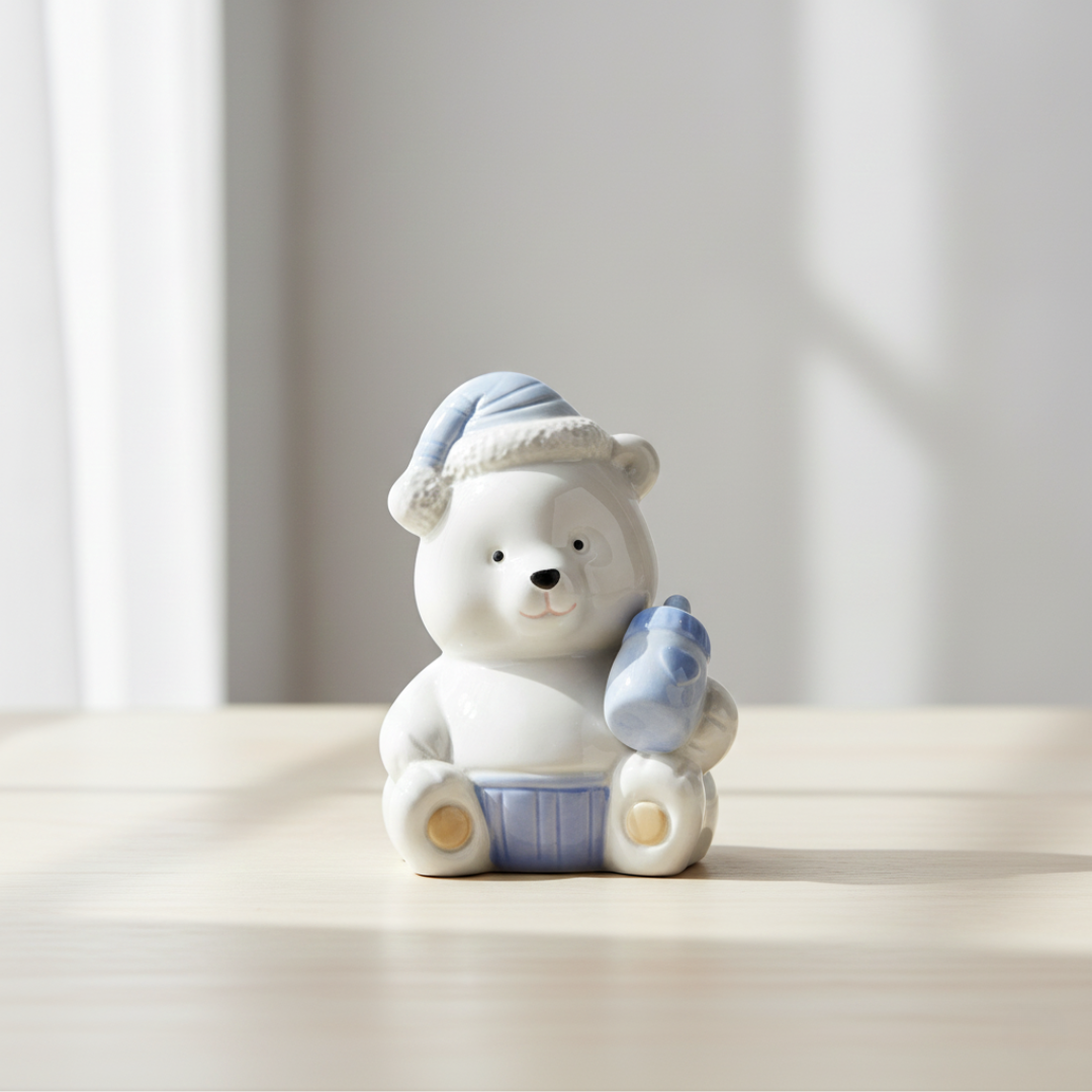 Ceramic blue teddy bear nursery decor placed in baby room, pastel baby figurine gift for christening, baby shower and newborn keepsake