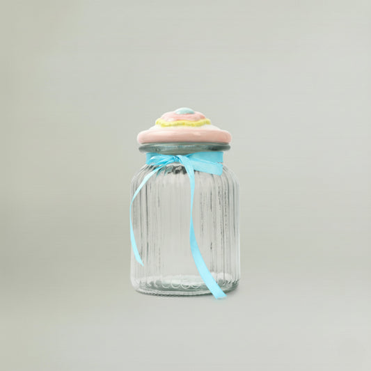 Ceramic glass jar with pastel ceramic lid and ribbon, decorative kitchen storage canister for cookies, candies and nursery use