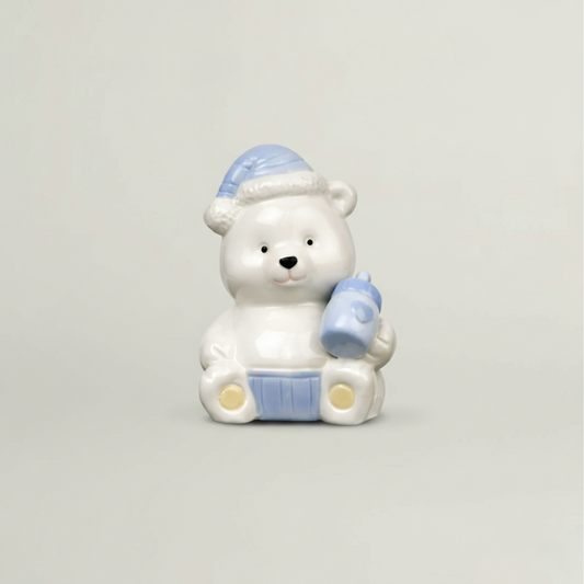 Soft blue ceramic teddy bear decorative keepsake for baby gift hamper – luxury newborn gifting accessory.