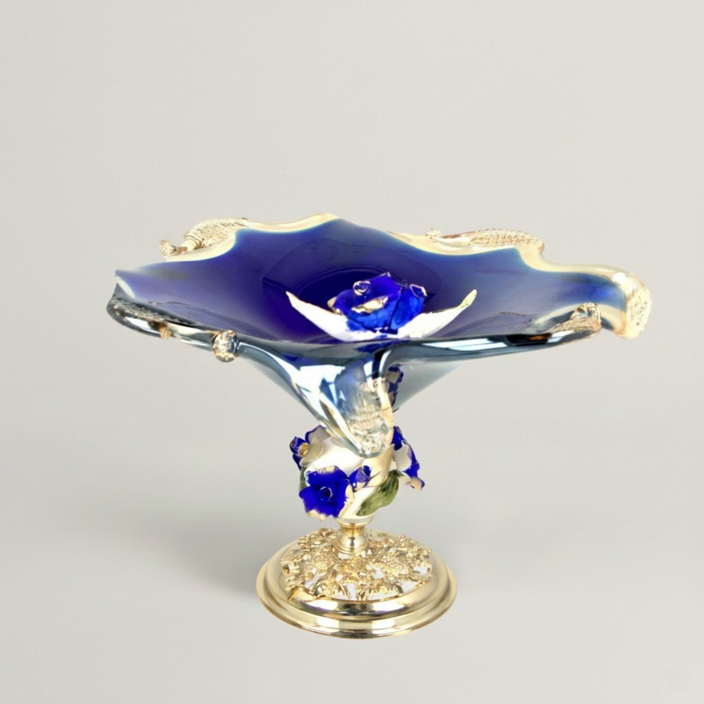 Handblown Cobalt Bouquet Murano glass bowl in deep cobalt blue with ornate gold floral base by Fleur De Lis