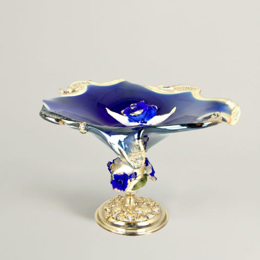 Handblown Cobalt Bouquet Murano glass bowl in deep cobalt blue with ornate gold floral base by Fleur De Lis