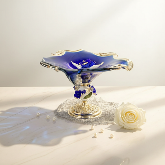 Handblown Murano glass bowl in deep cobalt blue styled as a luxury Italian centerpiece with gold floral base by Fleur De Lis