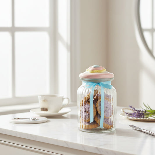 Decorative ceramic glass jar used as kitchen storage canister with cookies, pastel ceramic lid, elegant countertop food container