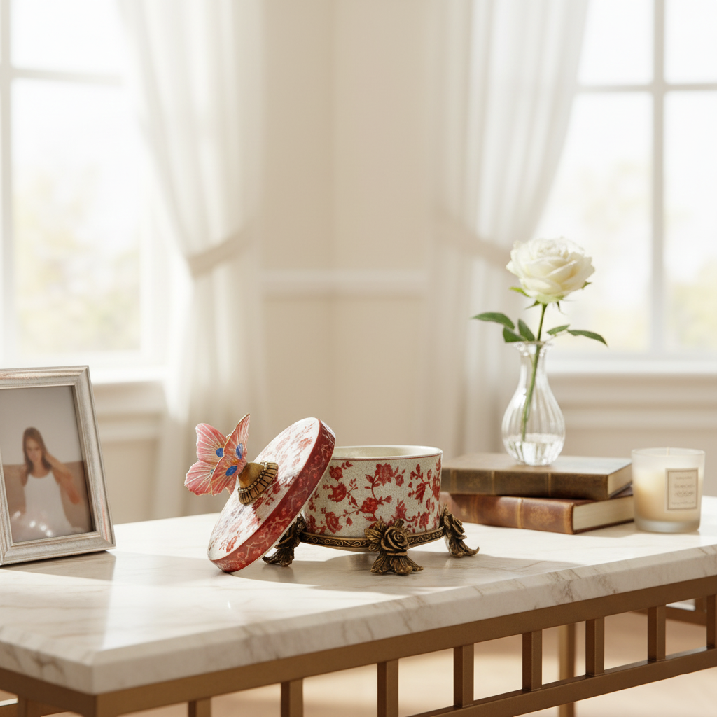 Decorative red floral ceramic keepsake box with gold detailing, styled on a console table for elegant home décor.