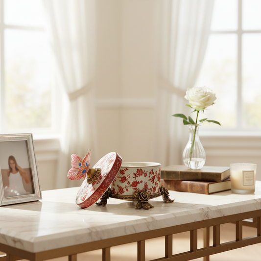 Decorative red floral ceramic keepsake box with gold detailing, styled on a console table for elegant home décor.
