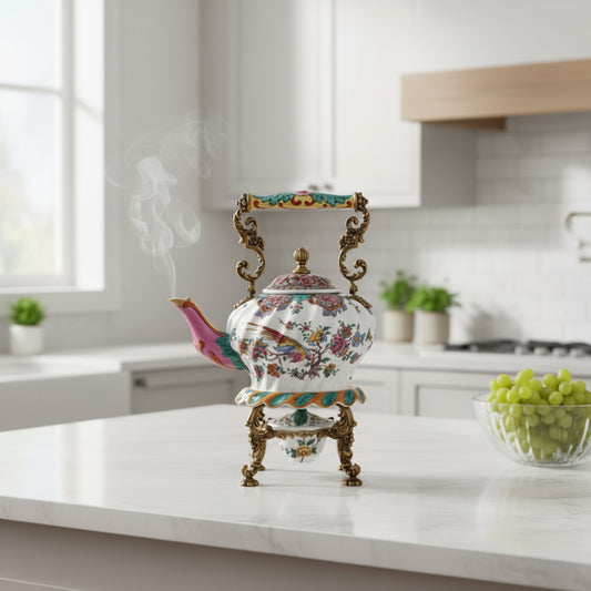 Decorative ceramic teapot with floral detailing and gold stand, styled on a kitchen countertop for refined luxury home décor.