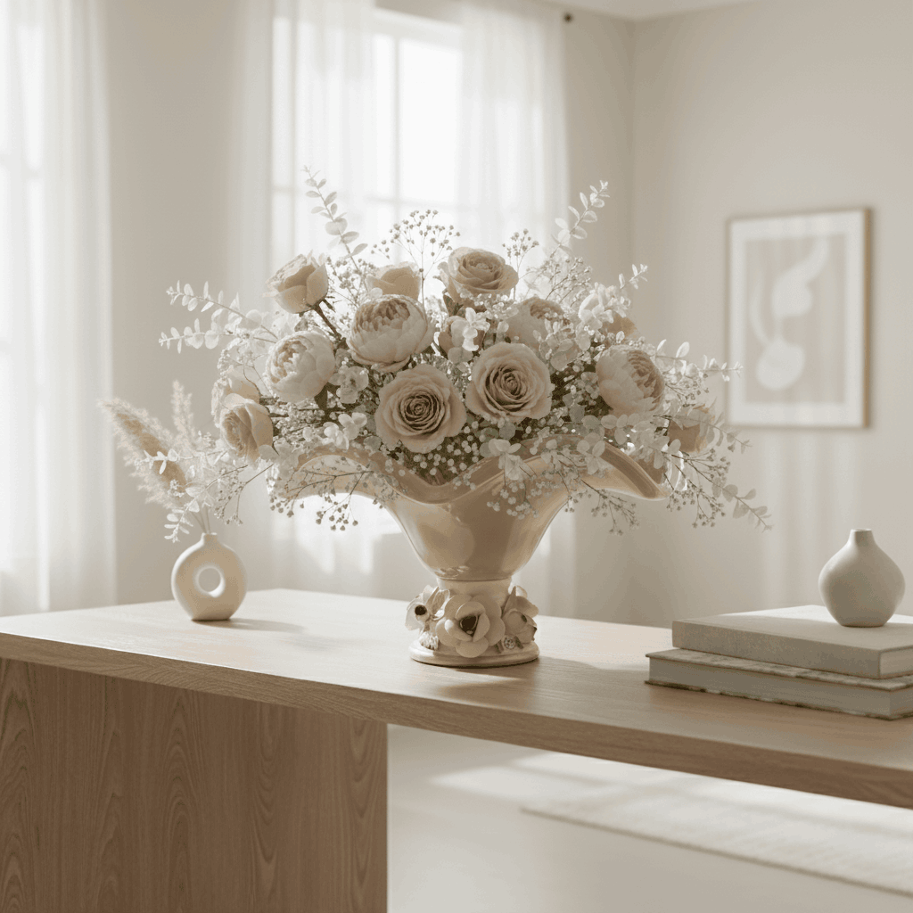 Luxury handcrafted Italian porcelain decorative bowl styled as an elegant centerpiece in a home décor mood shoot by Fleur De Lis