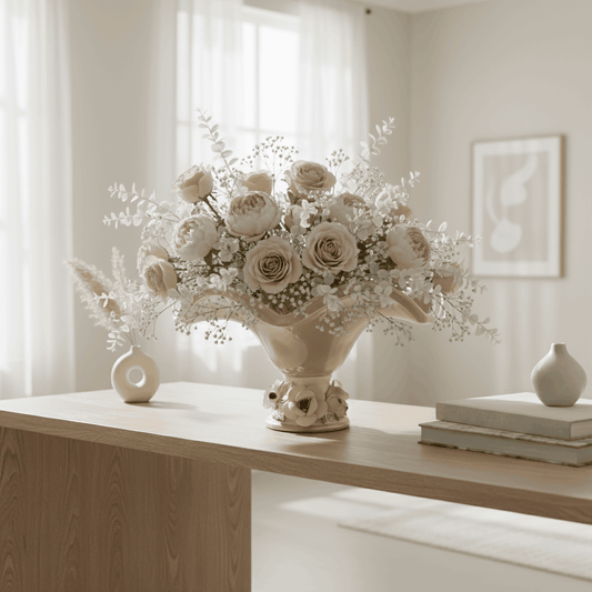 Luxury handcrafted Italian porcelain decorative bowl styled as an elegant centerpiece in a home décor mood shoot by Fleur De Lis