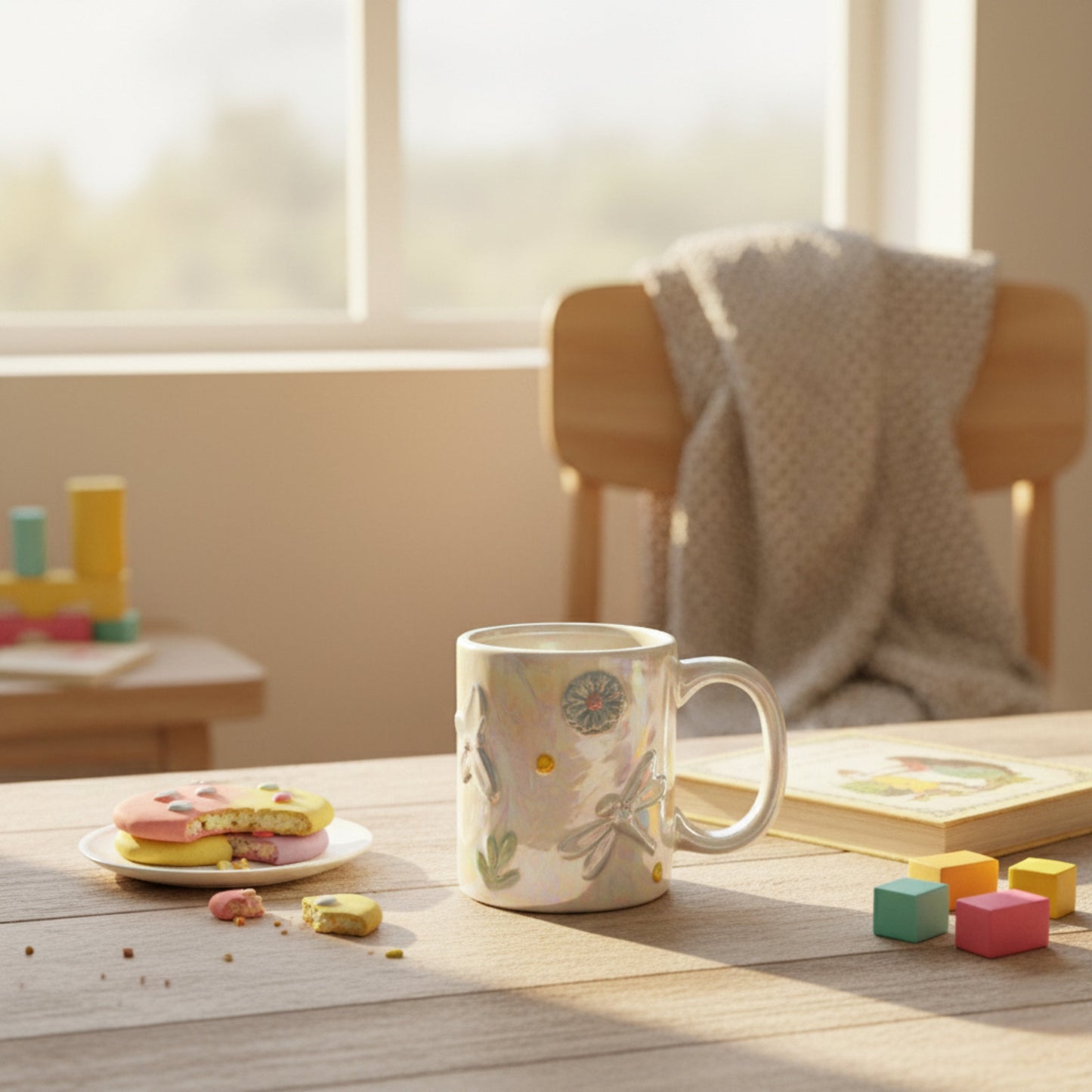Iridescent dragonfly kids ceramic mug on table setting – pastel children’s mug for juice, milk or tea, decorative gift mug set