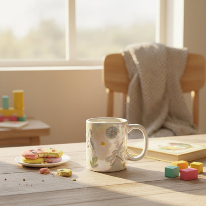 Iridescent dragonfly kids ceramic mug on table setting – pastel children’s mug for juice, milk or tea, decorative gift mug set