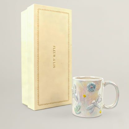 Dragonfly Kids Mug set of 2 in pastel iridescent ceramic finish – decorative kids drinkware with raised dragonfly details, perfect birthday gift