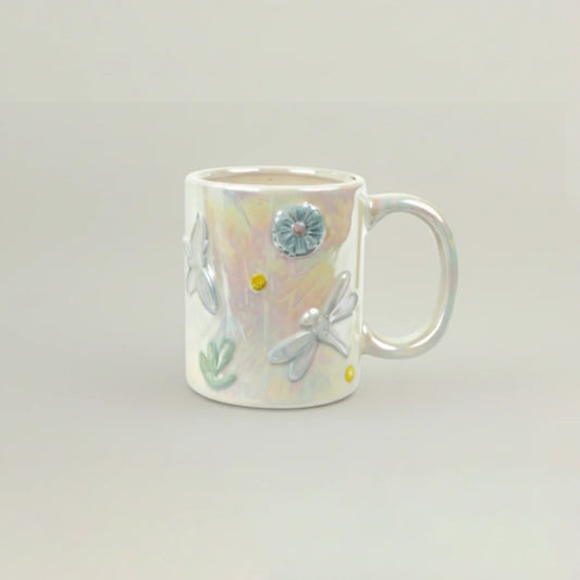 Dragonfly Kids Mug set of 2 – iridescent ceramic kids mug with 3D dragonfly and floral design, pastel finish drinkware for children