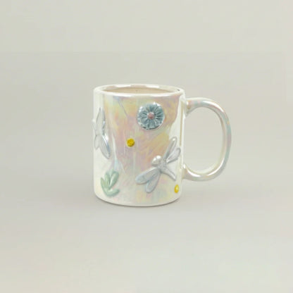 Dragonfly Kids Mug set of 2 – iridescent ceramic kids mug with 3D dragonfly and floral design, pastel finish drinkware for children