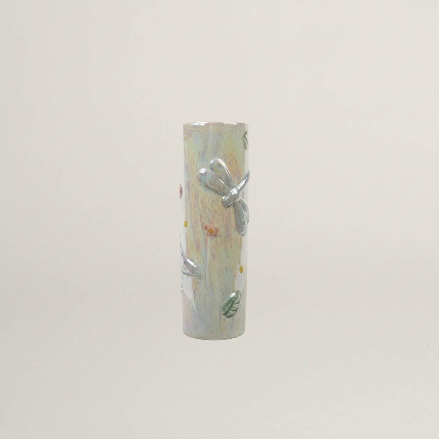 Dragonfly Meadow ceramic planter with iridescent glaze and 3D dragonfly detail, decorative pastel planter for indoor plants and home décor.