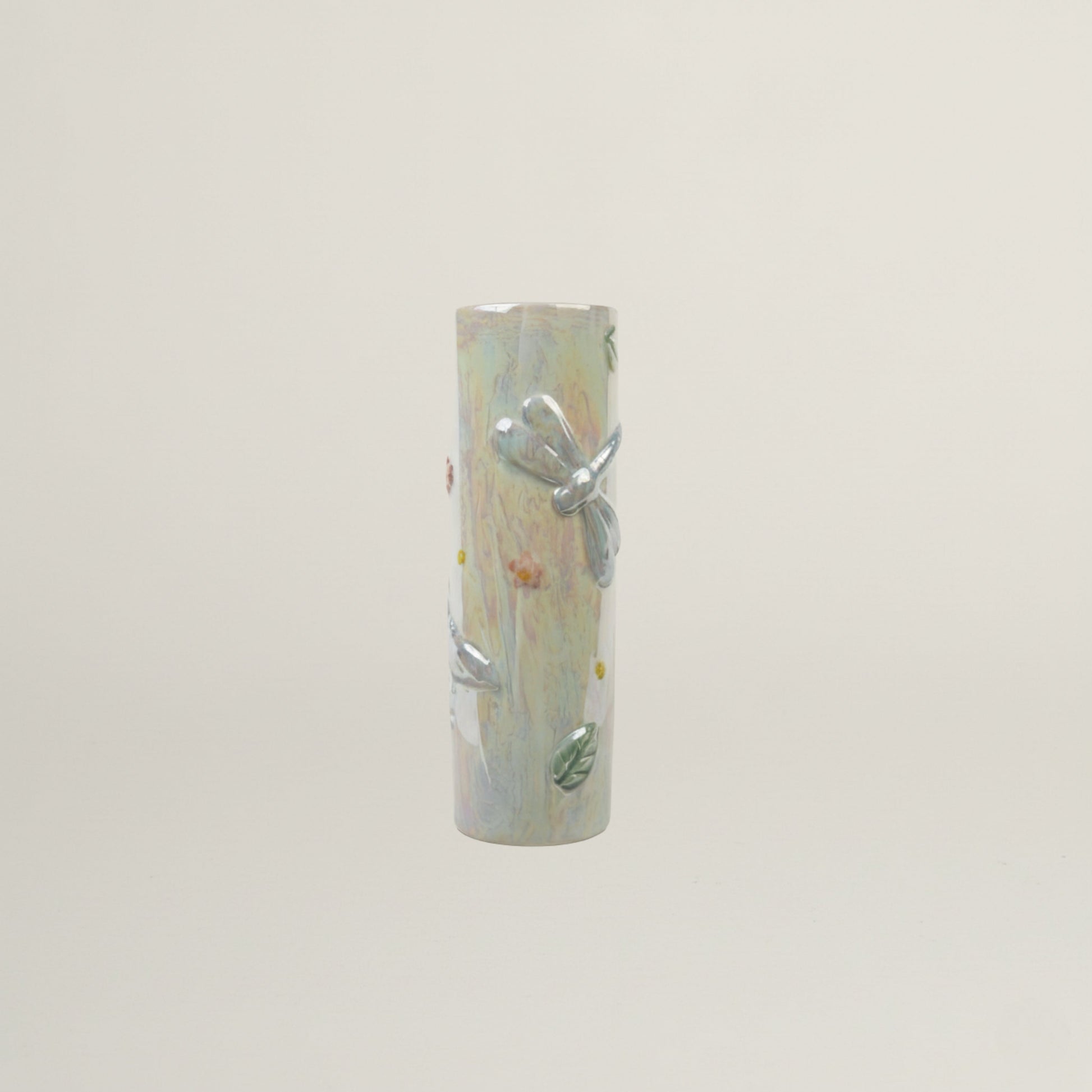 Dragonfly Meadow ceramic planter with iridescent glaze and 3D dragonfly detail, decorative pastel planter for indoor plants and home décor.